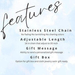 May include: Image features text describing jewelry features. Stainless steel chain, adjustable length from 16 to 20 inches, gift message option, and gift box availability are highlighted. The background has a watercolor effect.