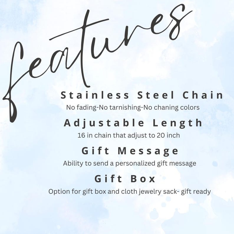 May include: Image features text describing jewelry features. Stainless steel chain, adjustable length from 16 to 20 inches, gift message option, and gift box availability are highlighted. The background has a watercolor effect.