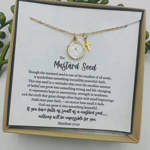 Mustard Seed Necklace • Faith Necklace with Matthew 17:20 Card • Christian Gift for Her • Encouragement Jewelry • Tiny Mustard Seed Round Add Gift Box