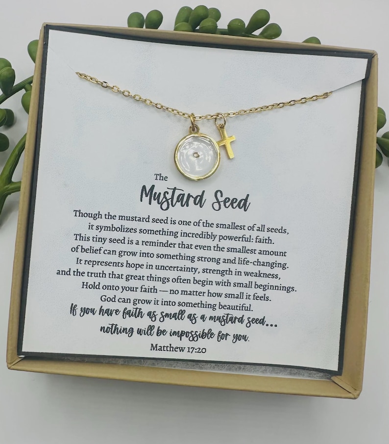Mustard Seed Necklace • Faith Necklace with Matthew 17:20 Card • Christian Gift for Her • Encouragement Jewelry • Tiny Mustard Seed Round Add Gift Box