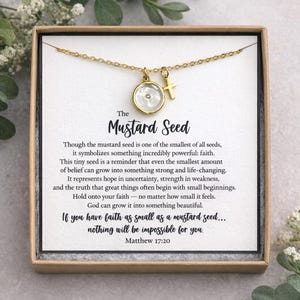 Mustard Seed Necklace • Faith Necklace with Matthew 17:20 Card • Christian Gift for Her • Encouragement Jewelry • Tiny Mustard Seed