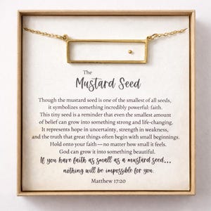 Mustard Seed Necklace • Faith Necklace with Matthew 17:20 Card • Christian Gift for Her • Encouragement Jewelry • Tiny Mustard Seed Bar Add Gift Box
