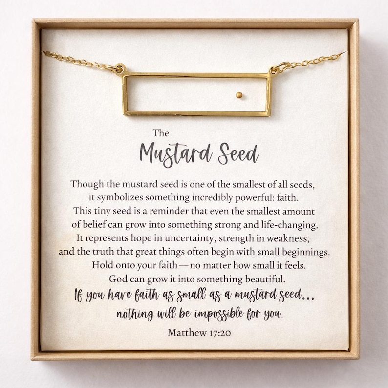 Mustard Seed Necklace • Faith Necklace with Matthew 17:20 Card • Christian Gift for Her • Encouragement Jewelry • Tiny Mustard Seed Bar Add Gift Box