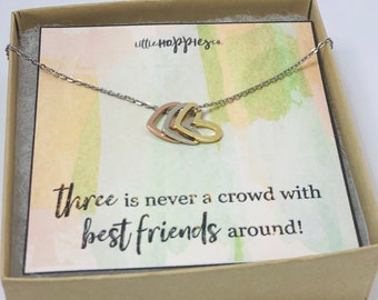 Friendship necklace, trio, bestfriend gift, dainty triple heart, friend group of 3, three best friends, best friend birthday