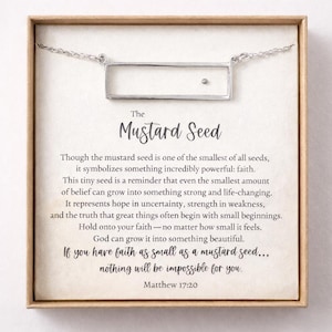 Mustard Seed Necklace • Faith Necklace with Matthew 17:20 Card • Christian Gift for Her • Encouragement Jewelry • Tiny Mustard Seed Bar No Gift Box
