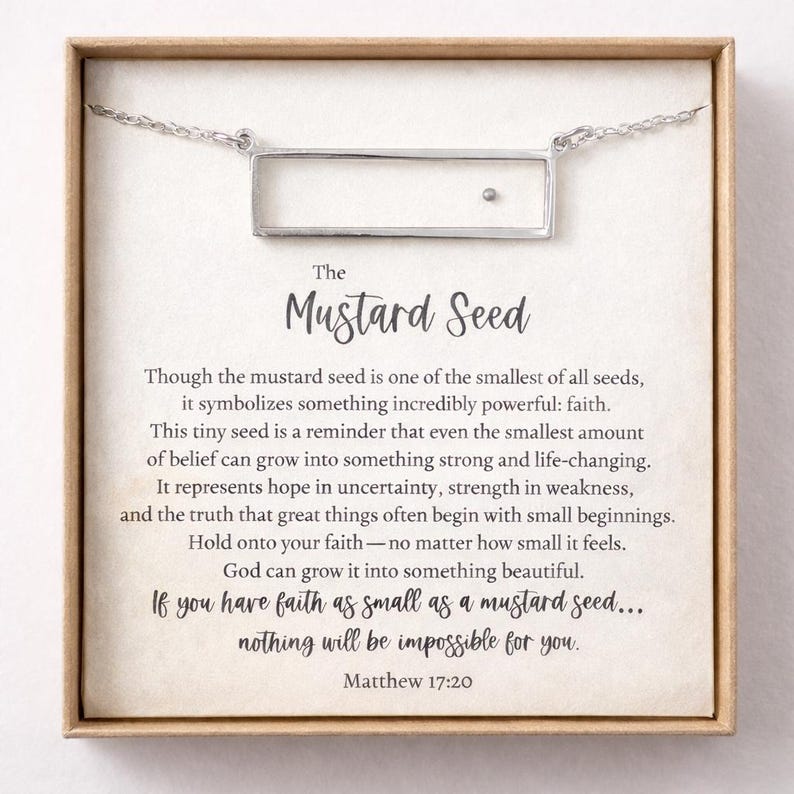 Mustard Seed Necklace • Faith Necklace with Matthew 17:20 Card • Christian Gift for Her • Encouragement Jewelry • Tiny Mustard Seed Bar No Gift Box