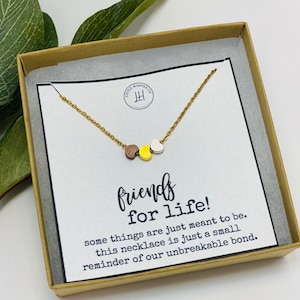 Könnte beinhalten: Eine goldene Halskette mit drei kleinen Herzanhängern in Braun, Gelb und Silber. Die Halskette befindet sich in einer Schachtel mit einer Karte, auf der steht "friends for life! some things are just meant to be. this necklace is just a small reminder of our unbreakable bond."