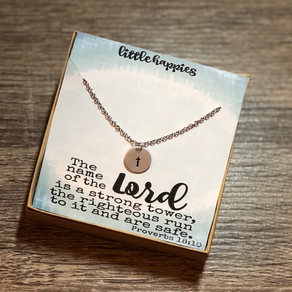 Proverbs 18:10 Cross Necklace, Gift for her, inspirational gift, sympathy gift, Christian gift, bible verse, personalized card