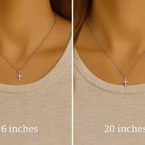 May include: A silver-toned cross pendant on a delicate chain, shown in two lengths: 16 inches on the left and 20 inches on the right. The cross is simple and metallic, suspended from a thin, reflective chain that rests against a neutral-colored top.