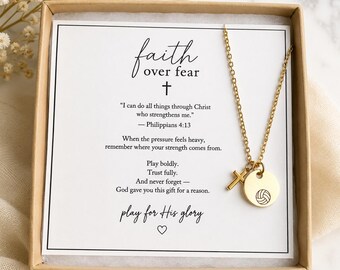 Faith Over Fear Volleyball Cross Necklace, Christian Volleyball Gift for Girls, Athlete Jewelry, Philippians 4:13, Sports Necklace