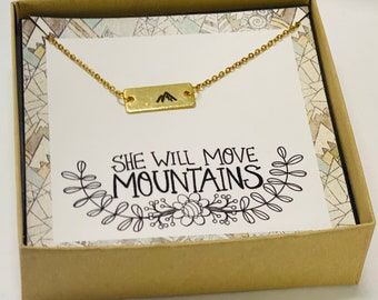 She will move mountains necklace, Team gift, Encouragement jewelry, Mountain jewelry, Inspirational gift, Graduation gifts, Positive quotes