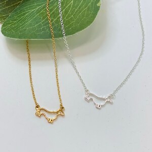 Peut inclure: Deux colliers d&eacute;licats avec des silhouettes de teckel. Un collier est en or et l'autre en argent.