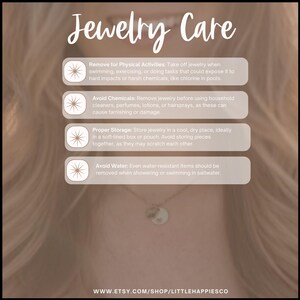 May include: A beige graphic with the words "Jewelry Care" in a cursive font. The graphic provides tips on how to care for jewelry, including avoiding chemicals, water, and physical activities. The website address is at the bottom.