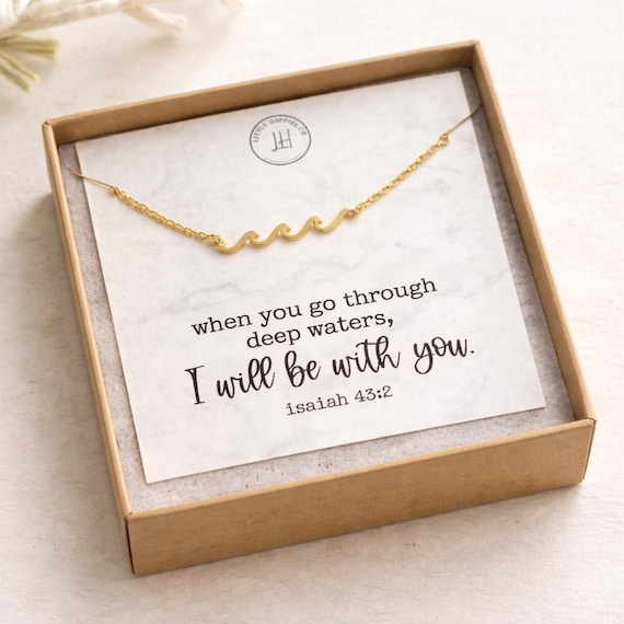 Wave Necklace with Isaiah 43:2 Card • Christian Encouragement Gift • Faith-Based Jewelry • I Will Be With You Bible Verse Gift for Her