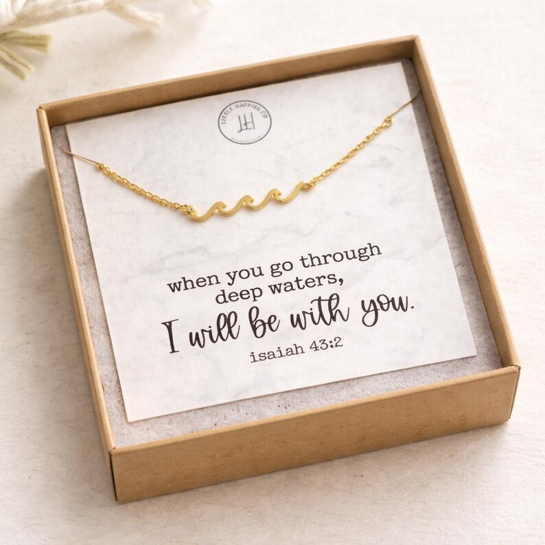 Wave Necklace with Isaiah 43:2 Card • Christian Encouragement Gift • Faith-Based Jewelry • I Will Be With You Bible Verse Gift for Her image 1