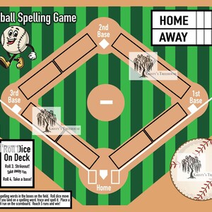 May include: A baseball-themed spelling game board with a green field, brown bases, and a baseball graphic. The board includes text that reads "Baseball Spelling Game", "Roll Dice On Deck", and instructions for play. A scoreboard is also included.
