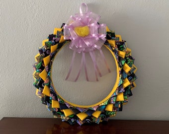 Quilted Handmade Wreath Yellow Black Purple Fabric No Sew 12" Wreath Door Hanger Wall Hanger