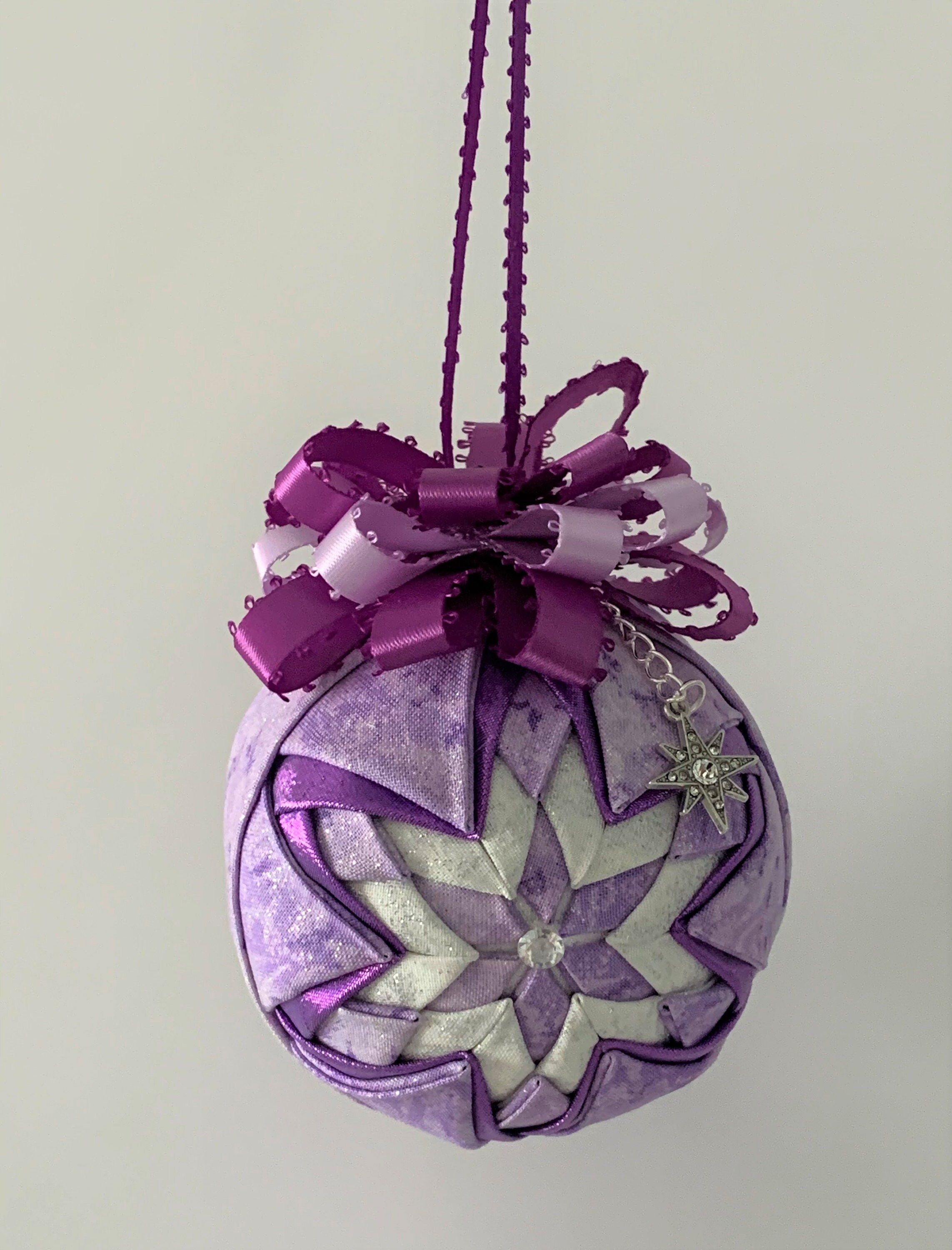 Quilted Handmade Purple White Fabric No Sew 3 Ornament Tree Hanger Polka Dots Flowers Beads