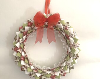 Patchwork Red Green Quilted Handmade Fabric No sew 12" Wreath Door Hanger Wall Hanger Great Gift Idea