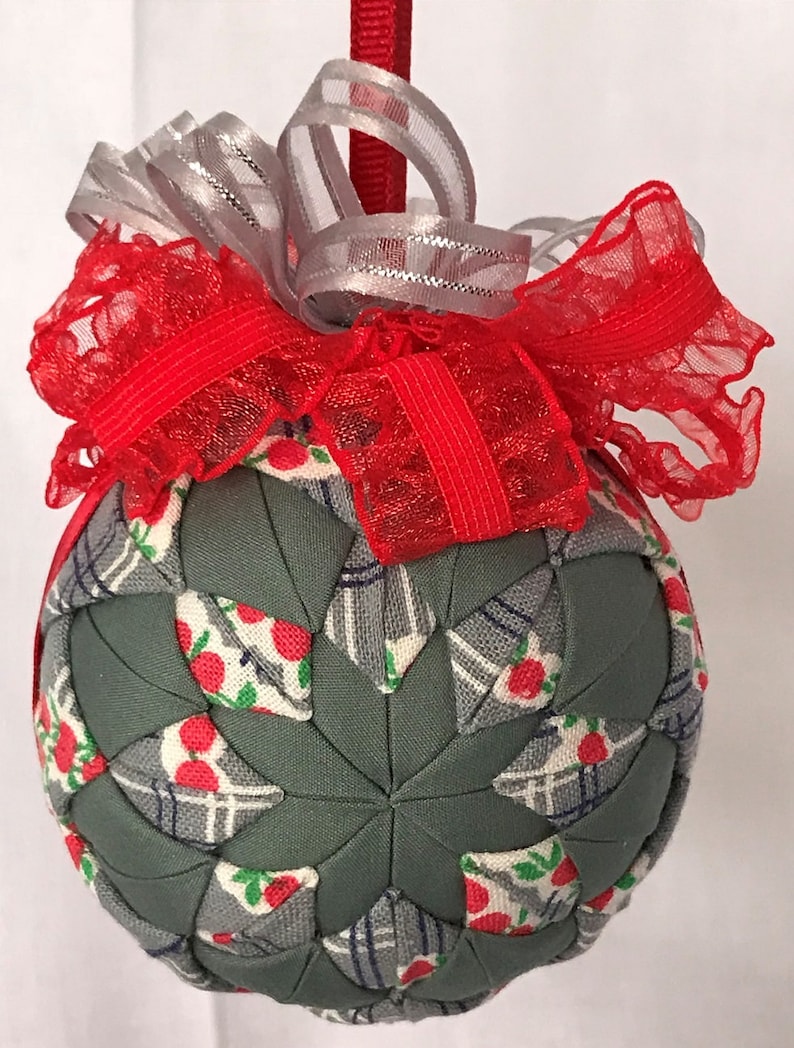 Gray and White With Cherries Handmade Quilted No Sew 3 Ornament 2 Sided