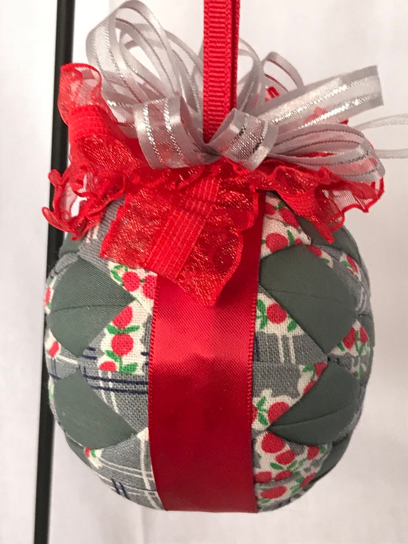 Gray and White With Cherries Handmade Quilted No Sew 3 Ornament 2 Sided