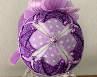 Quilted Handmade Purple White Fabric No Sew 3 Ornament Tree Hanger Polka Dots Flowers Beads Quilted Handmade Purple White Fabric No Sew 3 Ornament Tree Hanger Polka Dots Flowers Beads