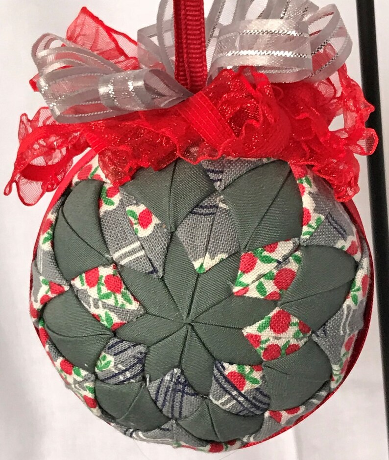 Gray and White With Cherries Handmade Quilted No Sew 3 Ornament 2 Sided