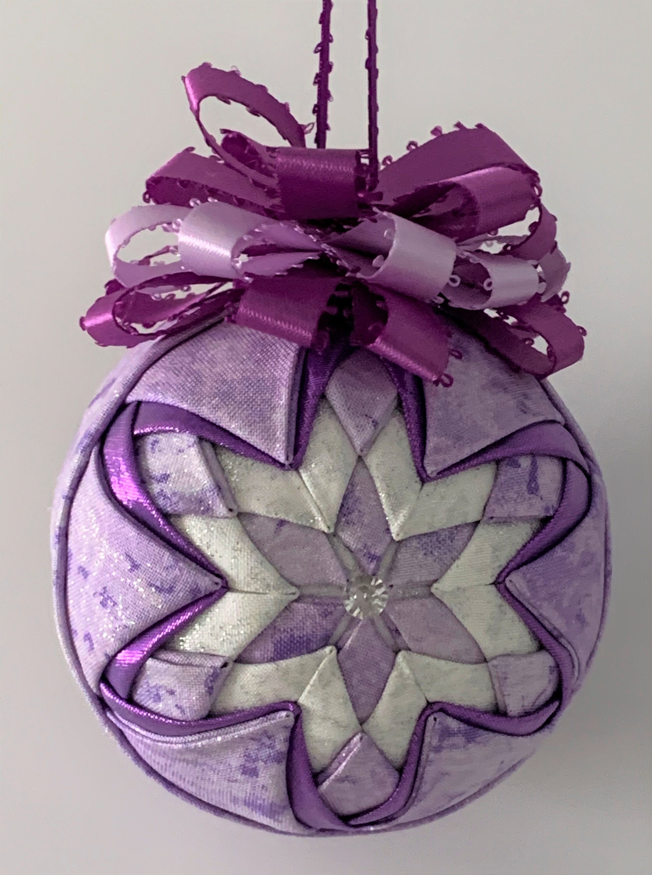 Quilted Handmade Purple White Fabric No Sew 3 Ornament Tree Hanger Polka Dots Flowers Beads Quilted Handmade Purple White Fabric No Sew 3 Ornament Tree Hanger Polka Dots Flowers Beads