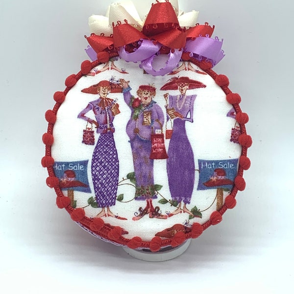 Ladies With Red Hats Purple Dresses Quilted Handmade Fabric No Sew Snowglobe 4" Ornament Tree Hanger Great Gift Idea