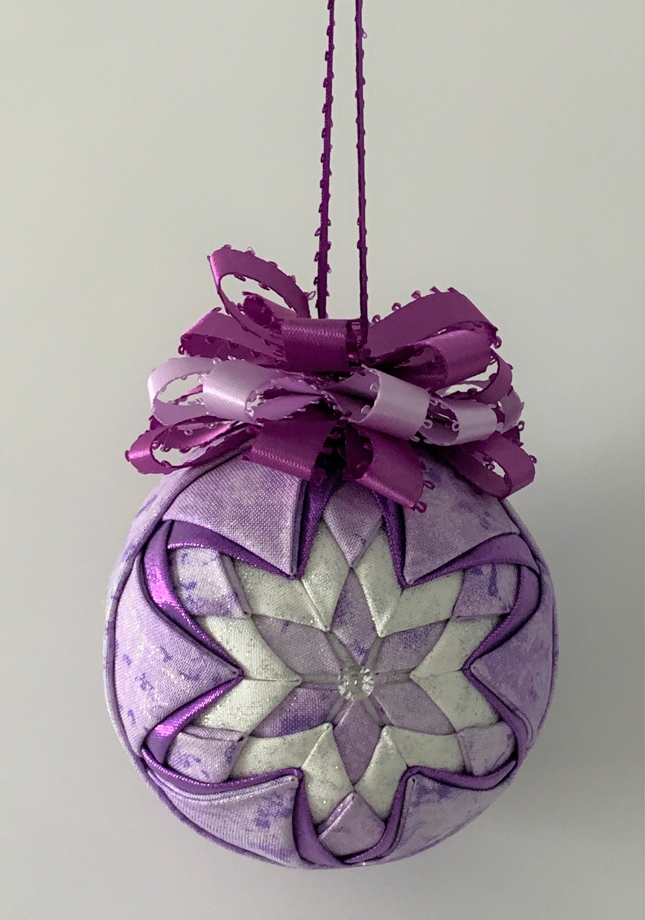 Quilted Handmade Purple White Fabric No Sew 3 Ornament Tree Hanger Polka Dots Flowers Beads Quilted Handmade Purple White Fabric No Sew 3 Ornament Tree Hanger Polka Dots Flowers Beads