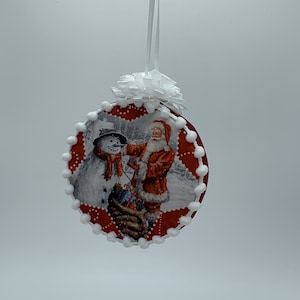 Quilted Handmade Santa Snowman Christmas Snowglobe Fabric No Sew 4&quot; Ornament Tree Hanger
