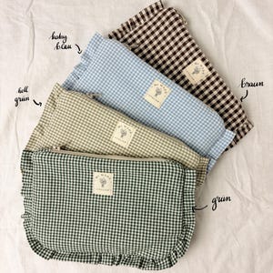 Cotton cosmetic bag | Gingham | Ruffles | Handmade makeup bag image 1