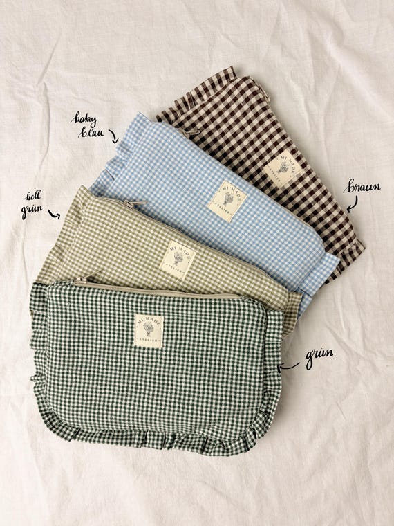 Kosmetiktasche aus Baumwolle | Gingham | Rüschen | handgemachte Make Up Tasche