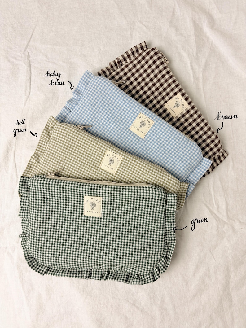 Cotton cosmetic bag | Gingham | Ruffles | Handmade makeup bag image 1