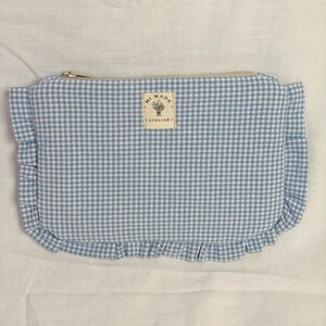 Cotton cosmetic bag | Gingham | Ruffles | Handmade makeup bag babyblau