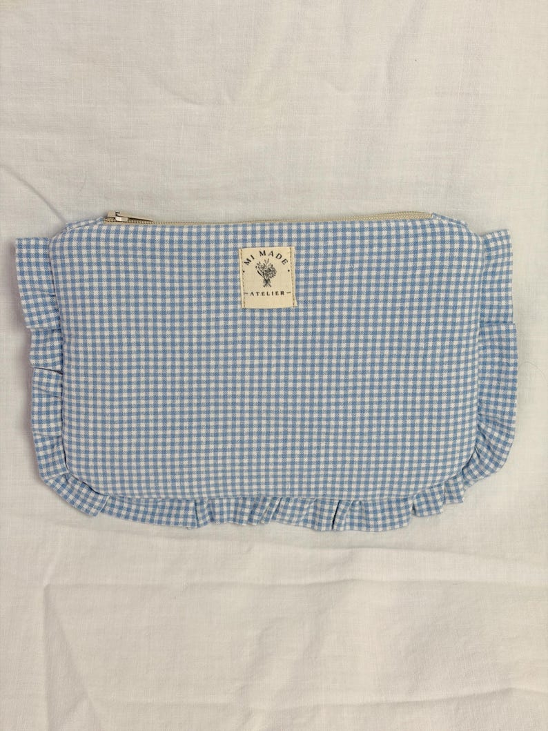 Cotton cosmetic bag | Gingham | Ruffles | Handmade makeup bag babyblau