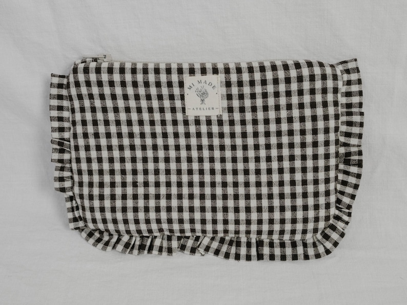 Cotton cosmetic bag | Gingham | Ruffles | Handmade makeup bag braun