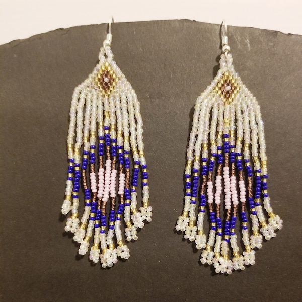 Dual Shaded Beaded Earrings, Native American Style Bead Earring, Long Beaded Earrings, Handwoven Seed Bead Bohemian Gift Earring
