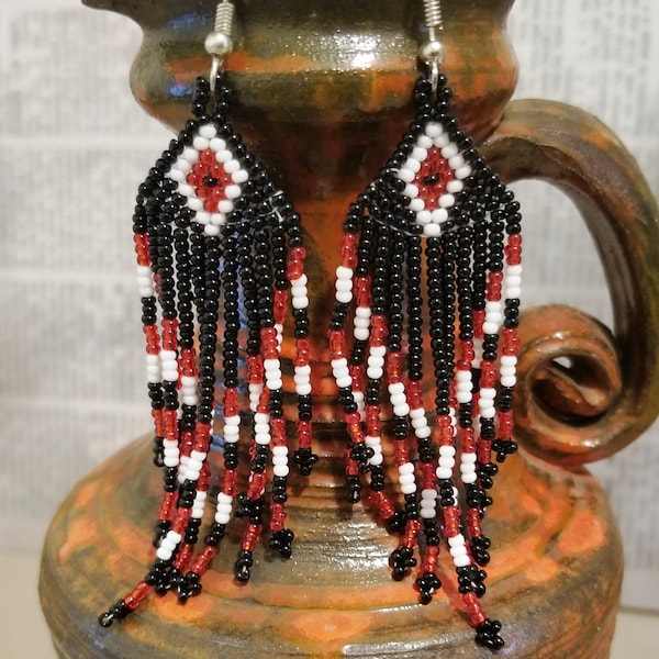 Beaded Earrings, Native American Beaded Earrings, Tribal Beaded Boho Earrings, Handwoven Beaded Earrings, Holiday Gift, Christmas Gift