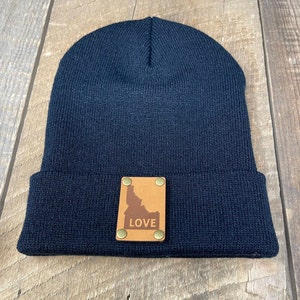 Idaho | Love Idaho | Gift for Her | Leather Patch Hat | Hunters Gift | Boyfriend Gift |  Custom State Hat | Ida-home | Knitted Beanie