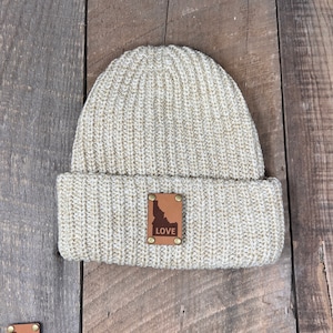 Idaho LOVE Hat | Custom State | Leather Patch Beanie | Hunters Gift | Gift For Mom | Knitted Hat | Slouch Beanie | Love Idaho Beanie | LOVE