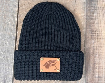 Fly Fishing Beanie Fishing Hat Leather Patch Hat Fishermans Gift