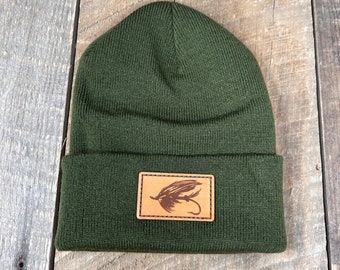 Steelhead Fishing Hat Leather Patch Hat Hunters Gift Boyfriend Gift  Fisherman Gift Fly Fishing Knitted Beanie