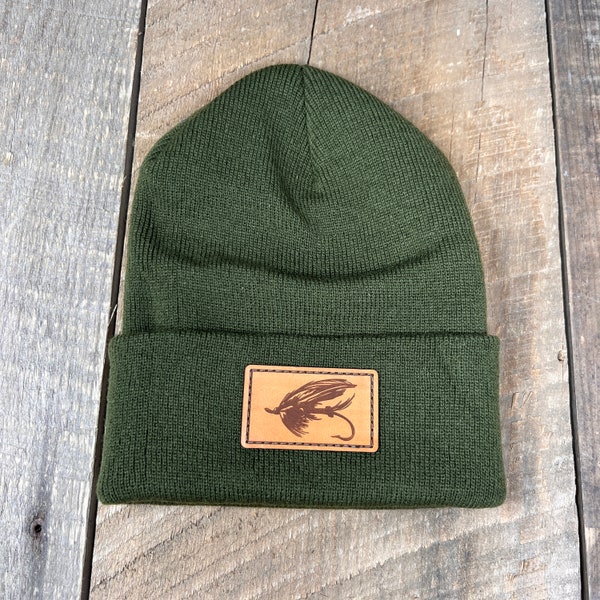 Steelhead | Fishing Hat | Leather Patch Hat | Hunters Gift | Boyfriend Gift |  Fisherman Gift | Fly Fishing | Knitted Beanie