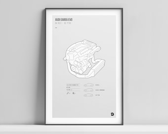 May include: Line drawing of an Audi EA855 EVO engine, a 2.5L five-cylinder turbocharged engine with 400 hp, found in the Audi RS3, RS Q3 Sportback, and RS TT.