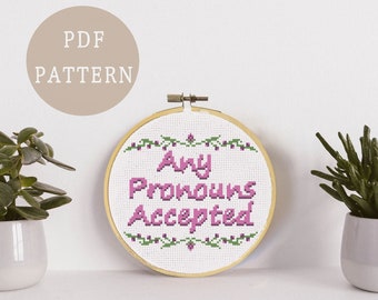Nonbinary Cross Stitch Pattern | Any Pronouns Accepted | Cute Pride Themed Home Decor