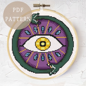 Witchy Cross Stitch Pattern | Ouroboros with Eye | Occult Symbol Room Decor