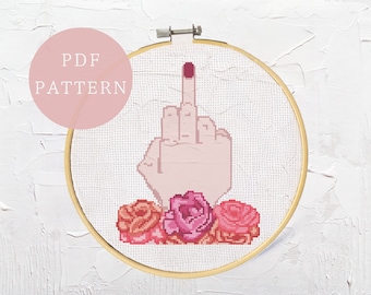 PDF Download | Floral Middle Finger Cross Stitch Pattern | Feminist Decor | Modern and Subversive | Feminist Aesthetic