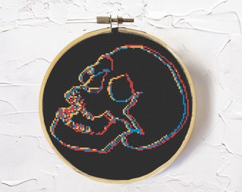 Glitch Skull Cross Stitch Pattern | Minimalist Black and White Options | Punk Room Decor