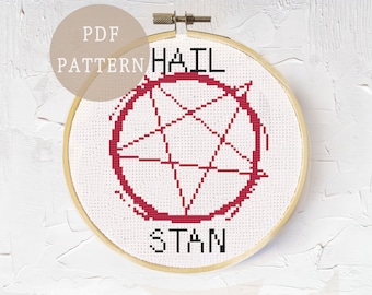 Witchy Cross Stitch Pattern with Pun | Hail Stan | Red Pentagram | DIY Gothic Home Decor